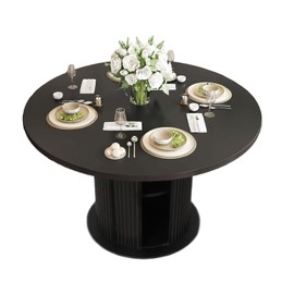 YICORPS 47" Round Dining Table for 4-6, Kitchen Table Dinner Table with 2-Layer Hidden Storage and Wood Slide Door,Space Saving for Small Spaces, Mid-Century Modern Circle Design(Black)