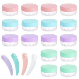 XHNFCU 16 Pcs 10Gram/10ml Empty Plastic Cosmetic Jars and 4 Mini Spatulas, Travel Mini Pots with Lids, Sample Pots For Mini Toiletries for Creams, Lotions, Samples, Cosmetics(4 Colors)