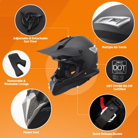OUMURS Adult Dirt Bike Helmet with Goggles Gloves & Mask Adjustable Sun Visor Motorcycle Adult ATV Helmet Off-Road Motocross Downhill Moped MX BMX for Unisex-Adult-Matte Black-188, M