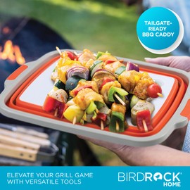 BIRDROCK HOME Collapsible XL BBQ Prep Tub w/Cutting Board, Multi-Function Grill Caddy w/Colander & Lid, Portable Silicone Dish Bowl for Picnic, Tailgate, Camping - Orange