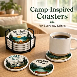 Outdoor Coasters for Drinks, Ceramic Coaster Set of 4 with Holder