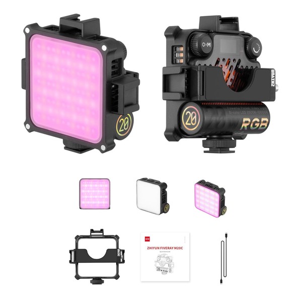 Zhiyun Fiveray M20C 20W RGB Portable On Camera Video Light, 4500mAh Rechargeable Full Color LED Photography Light TLCI 96+ CRI 94+ CCT 2500K-10000K with 9 Light Effects, Support Magnetic Attraction