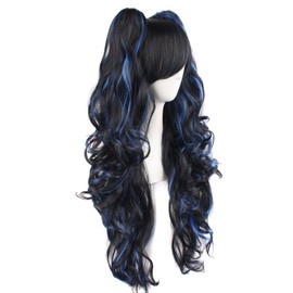 MapofBeauty Multi-color Lolita Long Curly Clip on Ponytails Cosplay Wig (Black/ Blue)