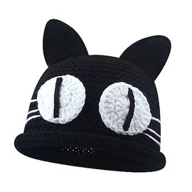 Alqpopg Womens Anime Beanie Hat Winter Warm Cap Cute Cat Crochet Caps Cat Ears Knitted Hats Girl Big Eyes Outdoor Ski Hat Black, Blcak, 1-2