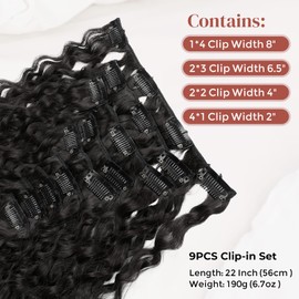 LONAI Black Hair Extension,9PCS 22" Curly Clip in Hair Extensions LN002 Long Soft Thick Synthetic Hairpieces for Women-Black