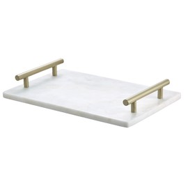 Queenza White Marble Decorative Tray with Gold Handles (12 x 8 Inch) | Luxury Stone Vanity Tray for Bathroom, Kitchen Counter, Coffee Table & Dresser Organization