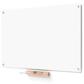 YEOUX Glass Dry Erase Whiteboard - 23x35 Ultra White Non-Magnet White Board for Wall with Wooden Based Floating Glass Marker Tray for Kitchen, Home and Office