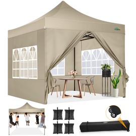 COBIZI 10x10 Pop Up Canopy with Sidewalls Heavy Duty Party Tent with Removable Awning Easy Up Outdoor Canopy Wedding, All Season Windproof&Waterproof with Roller Bag UPF 50+, Khaki