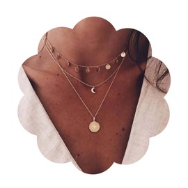 Yienate Boho Layered Coin Necklace Choker Gold Vintage Sun and Moon Neckalce Multilayer Crescent Moon Round Disc Pendant Necklace Jewellery for Women, Zinc, No Gemstone
