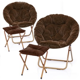 MoNiBloom Round Folding Faux Fur Saucer Chair for Bedroom Living Room Dorm Foldable Metal Frame Oversized Large Comfy Furry Padded Soft Cozy Moon Chair with Footrest Ottoman for Adults (Brown, 2 Set)