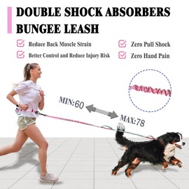 Hands Free Dog Leash with Zipper Pouch, Dual Padded Handles- Adjustable Heavy Duty Bungee Waist Leash Belt for Medium Large Dogs-for Walking Running Hiking (25-120 lbs, Green Pink)