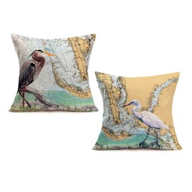 Royalours Throw Pillow Covers Cotton Linen Vintage Ocean Heron Style with World Map Geography Background Decorative Pillow Case Home Sofa Cushion Cover Square 18" x 18" Set of 2 Pillowslip (Egret Set)