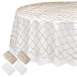 Irenare 4 Pack Fish Net Decorative and Tablecloth Set Party Decorations Cotton Fishnet and Round Table Cover Set for Ocean Nautical Pirate Mermaid Sea Fishing Themed Birthday Party (White)