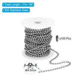 PATIKIL 4.0 mm x 56 ft 304 Stainless Steel Ball Chain 1 Set Ball Chain Bead with 100 Pieces Matching Connector Clasp for Necklace Hanging Pendant Rings DIY Crafts