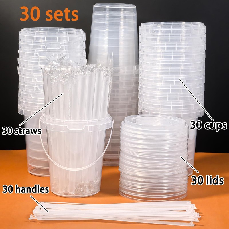 30 Sets - 34 oz Plastic Cups with Lid and