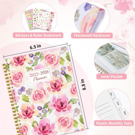 2025-2026 Planner Weekly and Monthly from July 2025 - June 2026, 6.5" x 8.8" A5 Academic Planner with Tabs for Women, Spiral Hardcover Agenda Notebook for School & Office Schedule, Pink Flower