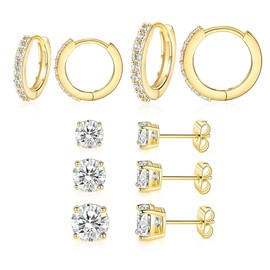 18K Yellow Gold Plated Hoops Huggie Stud Earrings Set Cubic Zirconia Earrings for Women Pack of 5 Pairs (Hoop Earrings & Round Studs)