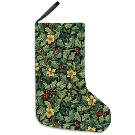 uinwk 16 Inches Green Holly Leaf Floral Christmas Stockings, Rustic Holly Berry Plant Flower Xmas Stockings, Cottagecore Botanical Christmas Socks Decoration