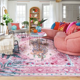 CILEPMID Pink Boho Rug 5x7 FT Washable Light Pink Leopard Animal Rug Jungle Tropical Cheetah Rug Aesthetic Rugs for Girls Room Living Room Bedroom Home Office Nursery Room