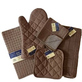 Kitchen Towel Set with 2 Quilted Pot Holders, Oven Mitt, Dish Towel, Dish Drying Mat, 2 Microfiber Scrubbing Dishcloths (Toffee)
