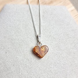 SilverAmber Jewellery UK - Genuine Tiny Baltic Amber Carved Heart Pendant on Delicate 0.7mm 925 Sterling Silver Curb Chain, Silver stainless steel, Amber