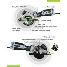 WORKPRO 5.8Amp 3500RPM Circular Saw with Parallel Guide, Maximum Cutting Depth 1-11/16″(90°),1-1/8″(45°), Compact Circular Saw with Three 4-1/2" Blades for Wood, PVC, Tile, Cement Block