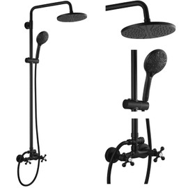 gotonovo Exposed Shower Faucet System 8 Inch Rainfall Shower Head with 8 Function ABS Handheld and Double Cross Handle Wall Mounted Bathroom Luxury Mixer Shower Horizontal Faucet Body Matte Black