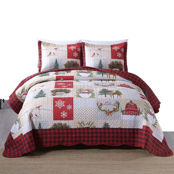 MarCielo 3 Piece Christmas Quilt Set, Rustic Lodge Deer Quilt Bedspread Throw Blanket Lightweight Bedspread Coverlet Comforter Set BY013 (King)