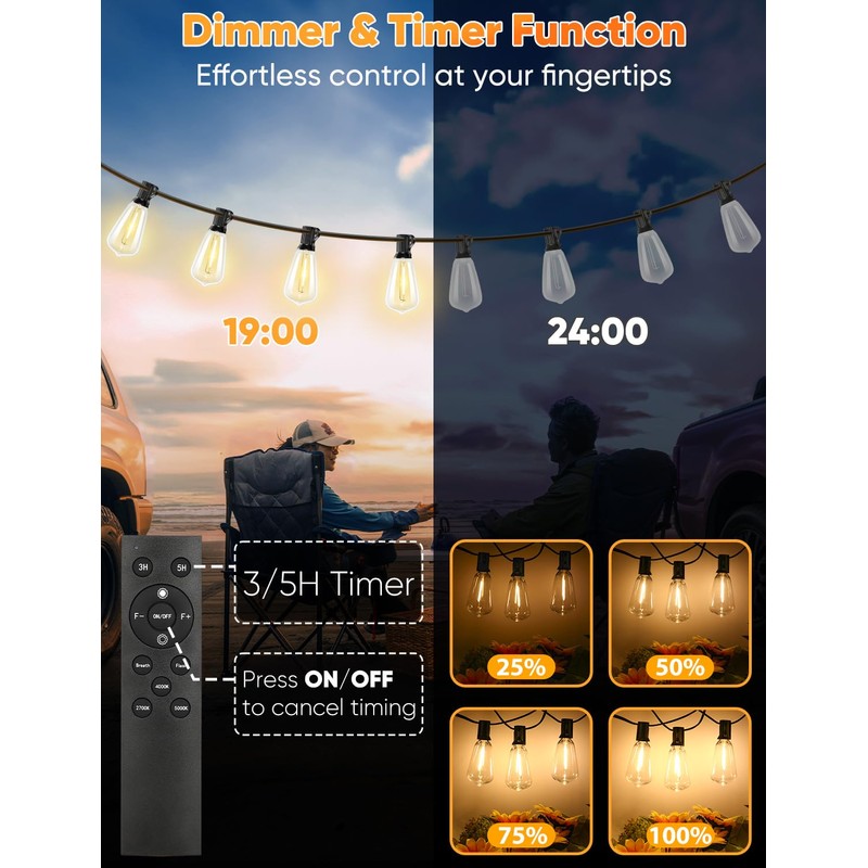Brightever 200FT Outdoor String Lights with Remote, 2700K/4000K/5000K Selectable LED
