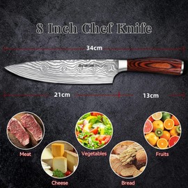 Cuchillo de Chef de 34 cm - Cuchillo de Cocina de Acero Inoxidable - Cuchillo Japonés de Damasco - Cuchillo de Cocina Profesional Extra Afilado para Cortar Carne/Frutas/Verduras