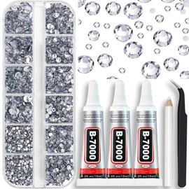 Towenm B7000 Clear Glue with 4000PCS Silver Clear Rhinestones for Crafts Clothing Fabric Shoes, Glue Fix Flatback Gems for Nails Face Jewelry, Mixed 5 Sizes 2mm 3mm 4mm 5mm 6mm Gemstones Bejeweled Kit