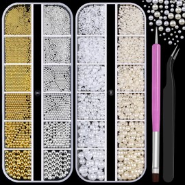 2 Boxes Metal Nail Beads and Flatback Pearls with Tweezers and Brush Kit, 1.5-5mm White & Beige Half Round Pearls, 0.8-3mm Gold Silver Small Caviar Beads Balls for Face Makeup Manicure Crafts(1-K2)