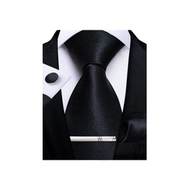 DiBanGu Solid Color Black Necktie and Pocket Square Cufflinks Tie Clip Sets for Men Silk Formal