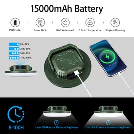 VAVOFO 15,000mAh 4000LM LED Camping Lantern Rechargeable, 3 Lighting Modes Portable Tent Light with Magnet, IP65 Waterproof Hanging Light for Emergencies, Power Outages ,Hurricane(Green)