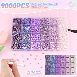 9000Pcs Flatback Pearls and Rhinestones for Crafting, Purple Series Mixed Size 3-8mm Resin Rhinestones and Half Pearls for Bedazzling, Nail Art with Tweezers and Pickup Pencil