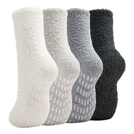 Saniripple Slipper Socks for Women Grip Socks Hospital Socks with Grips Fuzzy Warm Non Slip Socks beigelightgraywhitegray