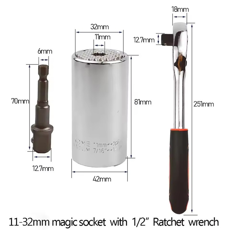 Universal Self-Adjusting Socket & Ratchet Wrench Options, 5–14mm to 11–32mm