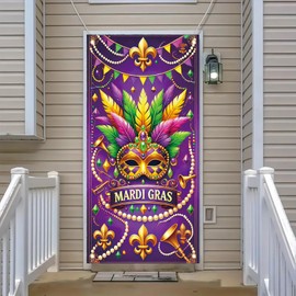 Starlit Patio Mardi Gras Decorations Door Cover Carnival Party Front Door Banner Backdrop 70.8"x35.4" Mask Welcome Garland Sign New Orleans Home Masquerade Party Supplies Carnival Banner Home Decor