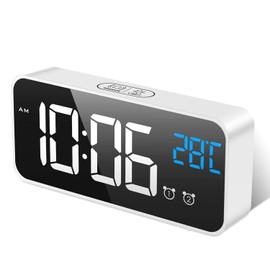 MOSUO Digitaler Wecker, LED Digital Wecker Spiegel Tischuhr mit Sprachsteuerung & Temperatur Anzeige, Reisewecker Uhr USB Aufladen mit 2 Weckzeiten, Snooze, Einstellbare Helligkeit & Lautstärke, Weiß