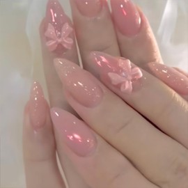 TBRZTR Almond False Nails Gradient Press on Nails Medium Pink Fake Nails Artificial Acrylic Nails with Cute Bow Tie Design Full Cover Glossy Reusable Coffin Nails Glue on Nails for Women 24Pcs