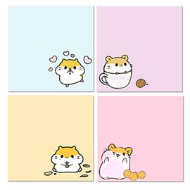 4 Pack 80Sheets Per Pack 3.15x3.15in Self-Stick Note Pads, Kawaii Sticky Notes,Cute Sticky Notes,Korean Sticky Notes,Cute Stationary,Cute School Supplies Aesthetic (Happy Hamster)