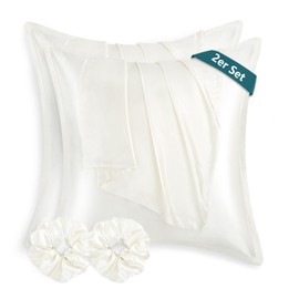 RUIKASI Satin Cushion Cover 80 x 80 cm White - Set of 2 Soft Pillowcase White Like Silk Pillowcase 80 x 80 cm for Hair and Skin with 2 Hair Elastics, Better Care than Silk Pillow Case Pillow Cover