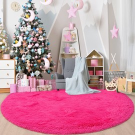 Gifeas Hot Pink Round Rug for Girls Bedroom, Fluffy Circle Rug 4'X4' for Kids Room Decor, Shaggy Circular Rug for Baby Nursery Dorm, Upgrade Fuzzy Plush Rug for Living Room, Cute Room Decor for Teen
