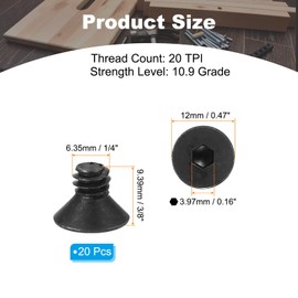 PATIKIL 1/4-20 x 3/8" Flat Head Socket Cap Screws, 20 Pack Flat Countersunk Bolts Carbon Steel Hex Socket Drive Machine Screws Full Thread Black Oxide Grade 10.9
