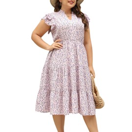 Keluummi Plus Size Wedding Guest Midi Dresses for Curvy Women, Summer Casual Floral Short Sleeve A Line Sundress with Pockets(22 Plus, 03 - Pink Floral)