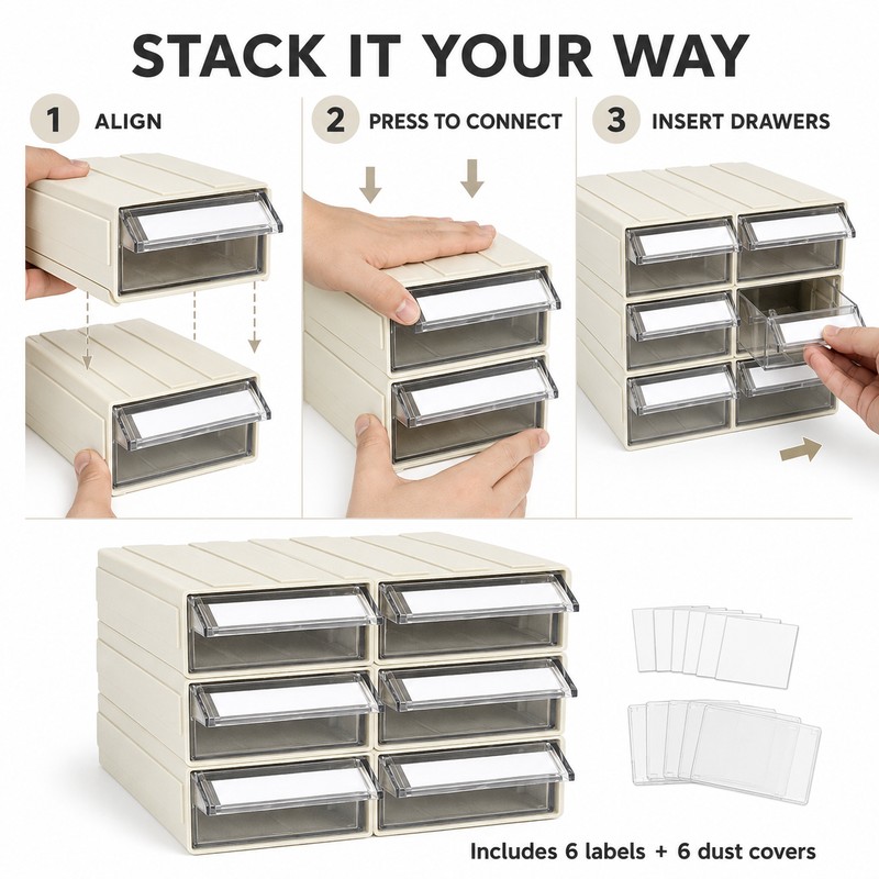 6-Pack Stackable Plastic Desktop Parts Storage Drawers with Labels