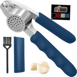 Gorilla Grip Garlic Press and Peel Set, Heavy Duty Mincer Tool, Easily Mince and Crush Garlics, Ginger, Nuts, Seeds, Large Ergonomic Handle, Peeler Included for Peeling Cloves, Kitchen Gadgets, Blue