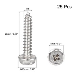 sourcing map Phillips Hex Washer Self Tapping Screws, M5 x 25mm 304 Stainless Steel Hex Flange Sheet Metal Screw 25pcs