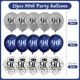 90th Birthday Balloons for Men Women, Happy Dad 90th Birthday Balloons, Navy Blue Silver 90th Birthday Balloons for 90th Birthday Anniversary Party Decorations Supplies, 90 Year Old Party Decorations