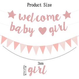 CAVLA Welcome Baby Gril Banner, Party Banner Triangle Flags for Baby Gril, Pink Glitter Party Decorations Banner, Gender Reveal Bunting Flag, Baby Shower Party Supplies (Pink)